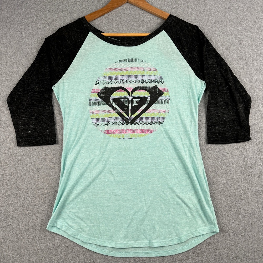 Roxy T-Shirt Womens Large Raglan Sleeve Teal Black Graphic Tee